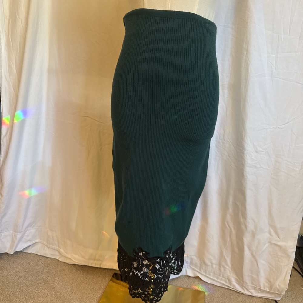 Express Dark Green Pencil Skirt with Black Lace Hem